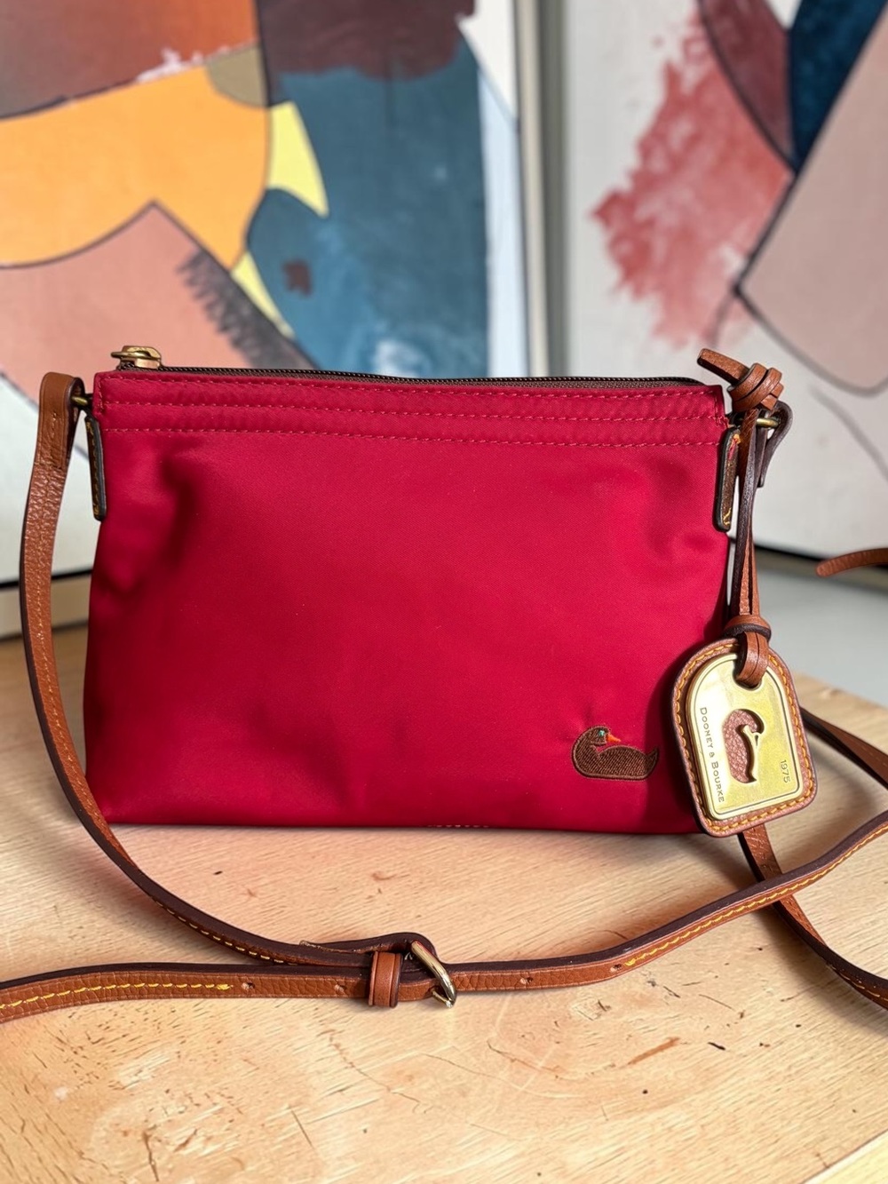 Dooney & Bourke Red Nylon Crossbody with Tan Leather Trim